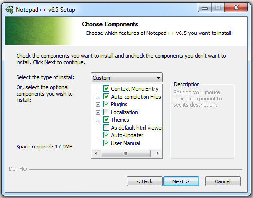 Notepad++ choose components Notepad++ choose components