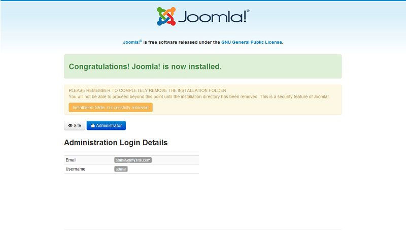 Joomla installation complete Joomla installation complete